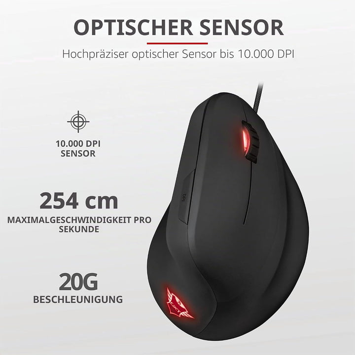 Trust Gaming GXT 144 Rexx Vertikale Gaming Maus, 10.000 DPI, 6-programmierbare Tasten, RGB LED-Beleu