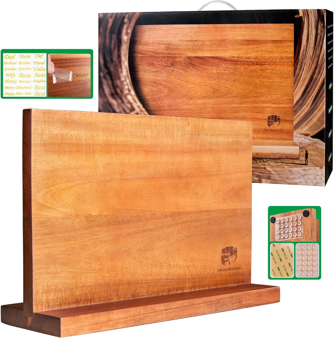 FULLHI Doppelseitige grosse magnetische Messerblock Akazienholz Messer Set Halter Stand mit Stronge
