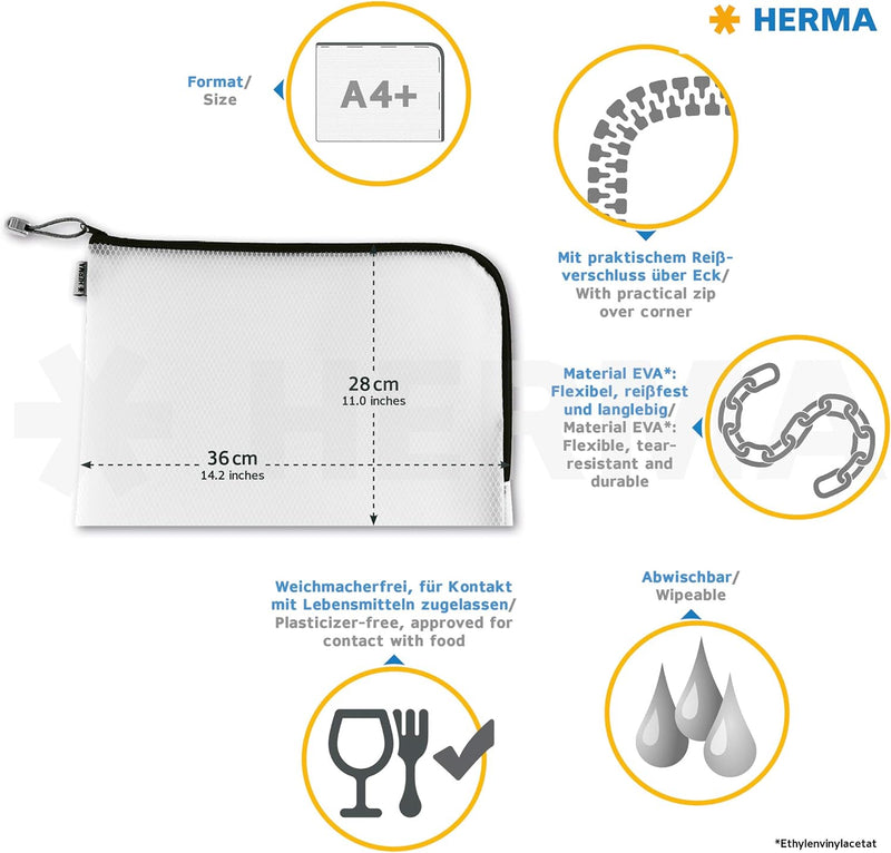 HERMA 20013 Dokumententasche A4 mit Reissverschluss transparent bunt, 10 Stück, grosse verschliessba