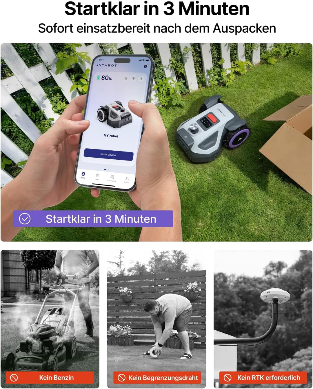 ANTHBOT M5 LiDAR Mähroboter ohne Begrenzungskabel – Hinstellen & Loslegen in 3 Min. – 360° LiDAR & D