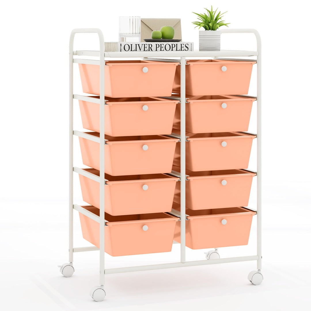 GOPLUS Rollwagen mit 10 Schubladen stapelbar, Schubladenwagen Rollcontainer mit Ablage & Metallgeste