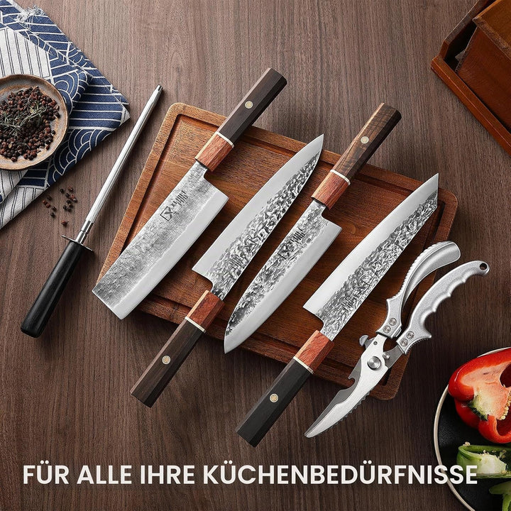 Japan Messer-Set, Hochkohlenstoffstahl Japan Nakiri Santoku Messer, handgeschmiedetes Fleisch-Hackme
