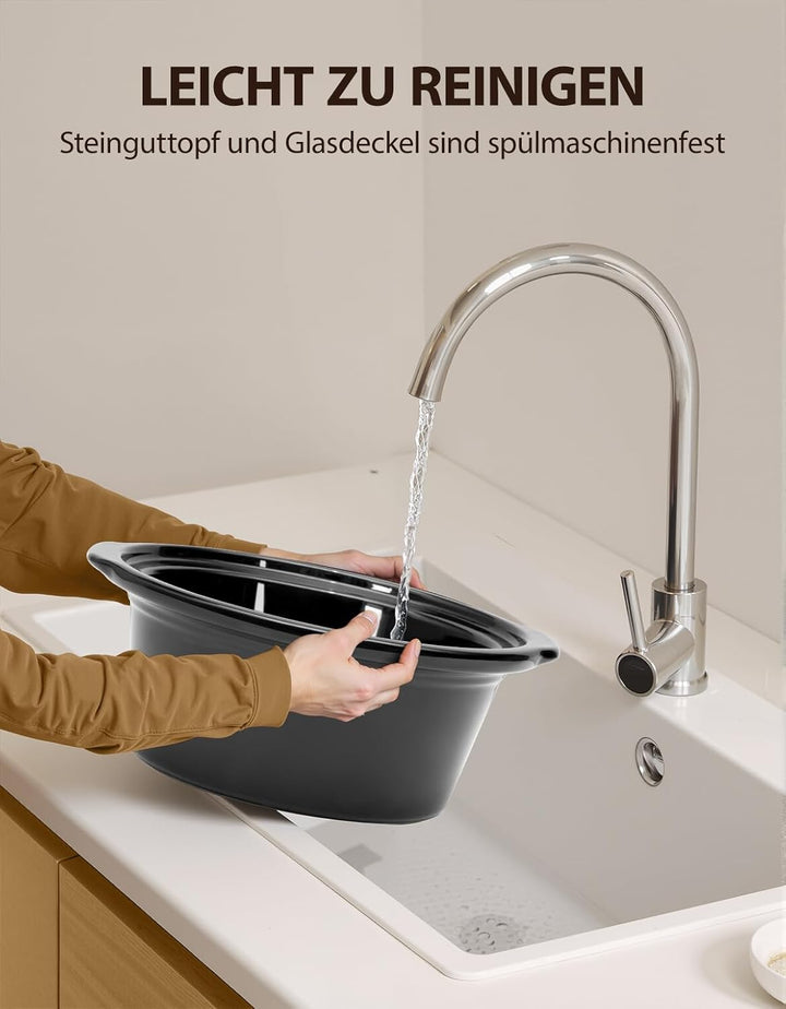 Slow Cooker, 3,5 Liter Edelstahl Schongarer mit Keramiktopf, Einstellbare Temperatur, Spülmaschinenf