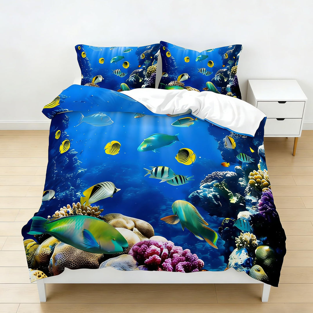 EHAOKK 3D Meer Tier Bettwäsche Set,Delfin,Tropischer Fisch,Korallen,Meeresleben Bettbezug,Blaue Unte