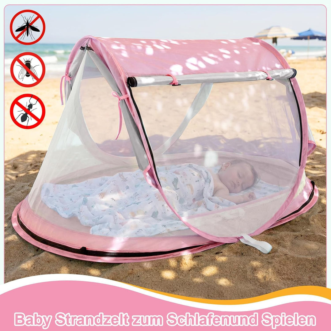Strandmuschel Baby uv Schutz 50, Pop up Strandzelt als Sonnenschutz für den Strand, 360° Moskitonetz