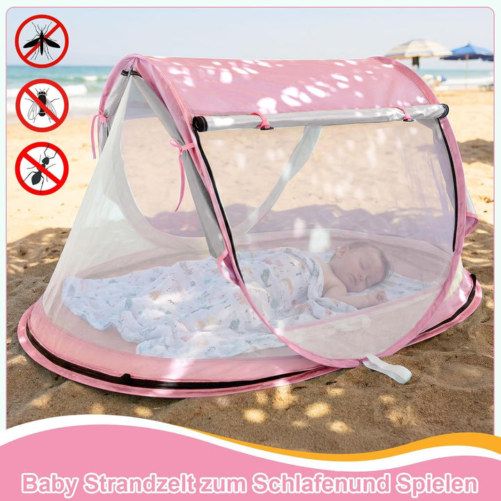 Strandmuschel Baby uv Schutz 50, Pop up Strandzelt als Sonnenschutz für den Strand, 360° Moskitonetz