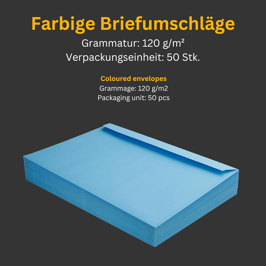 50 Stück, Farbige Briefumschläge, DIN C4, Haftklebung mit Abziehstreifen, Gerade Klappe, 130 g/qm Co