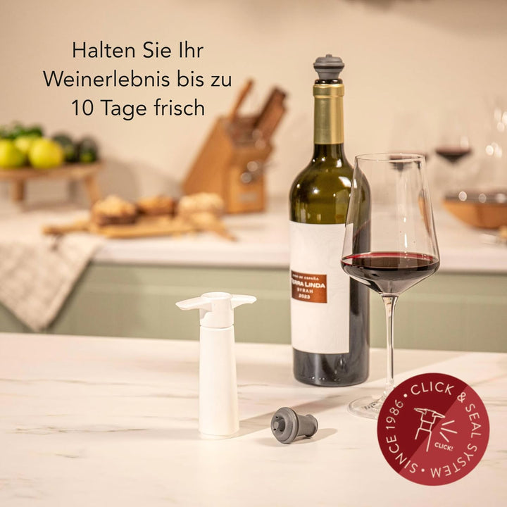 Vacu Vin Original Weinpumpe Weiss mit 2 Vakuumstopfen – Weisses Wein Konservierer-Set – Handpumpe zu