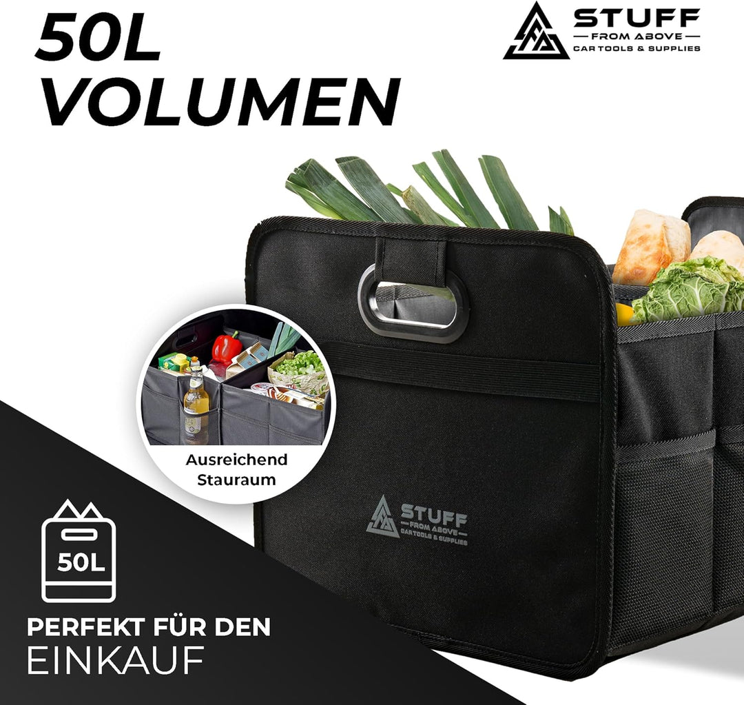 Auto Organizer in schwarz - Kofferraumtasche - (57x35x30cm) - Antirutsch durch Klett - Kofferraum Ca