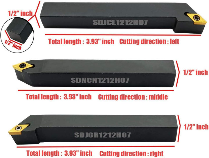 3PCS 1/2"CNC Drehmaschine Hartmetall Drehwerkzeuge Insert Holder Set SDNCN1212H07 + SDJCL1212H07 + S