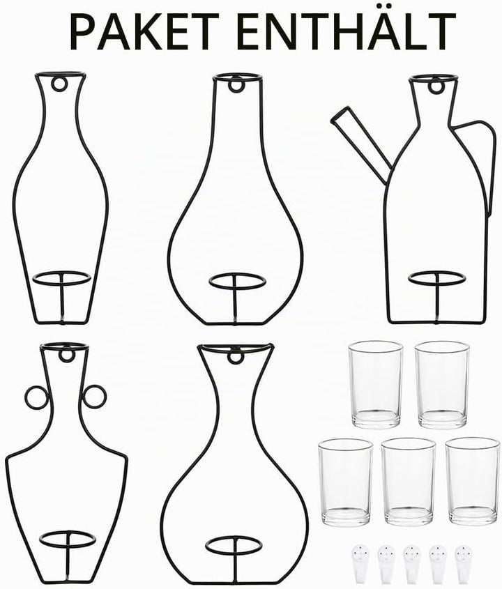 NUPTIO Satz von 5 Wandbehang Pflanzgefässe mit Glasbecher Vasen, Eisen Metallständer für Wasser Pfla