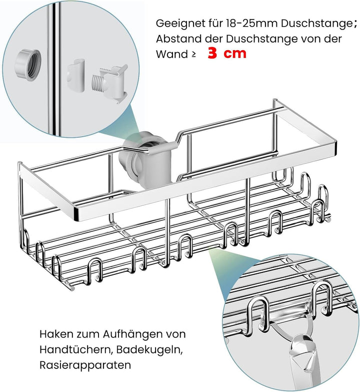 RUIHANDA Duschablage Ohne Bohren, Duschregal für RUNDE Stangen 18mm-25mm Duschstange (Nicht für Quad