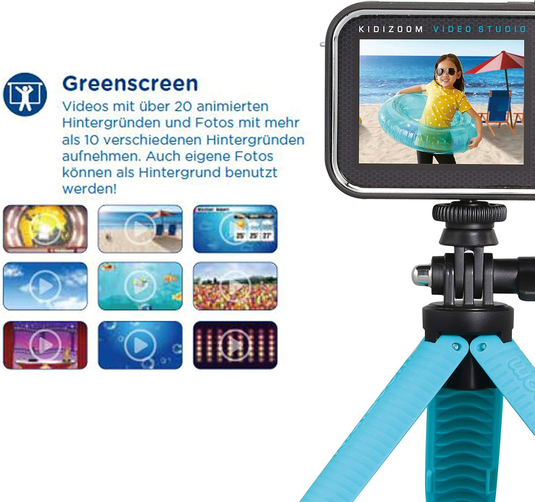 VTech Kidizoom Video Studio HD blau – Kinderkamera mit Greenscreen, Stativ, Effekten, Selfielinse un