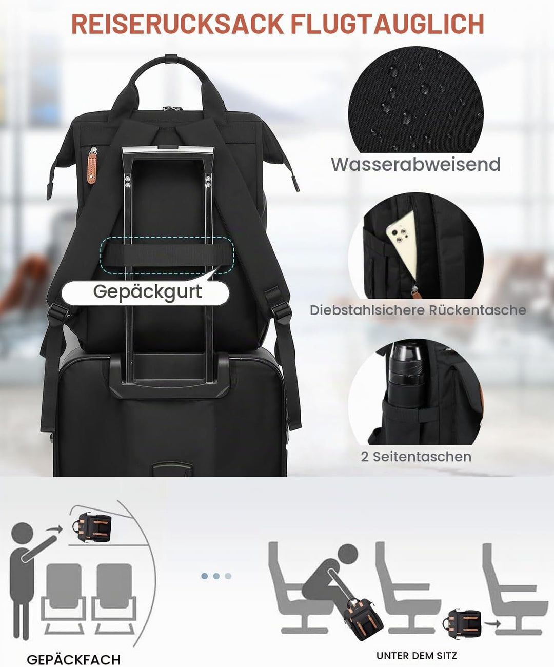 LOVEVOOK Rucksack Damen Gross, 18 Zoll Wasserdicht Reiserucksack Handgepäck Backpack Flugzeug Schwar