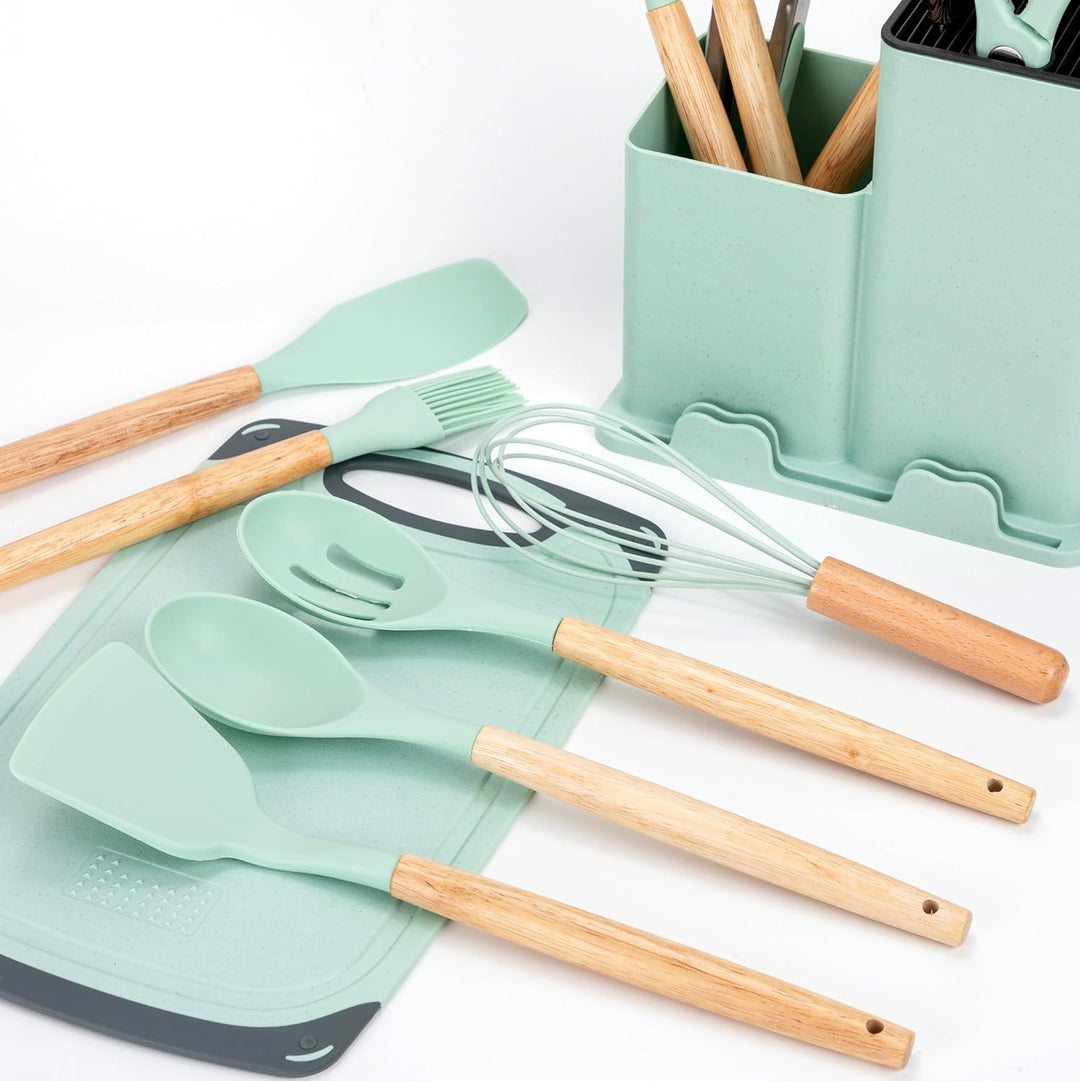 EliteHoff Küchenmesser-Set 19-teilig – Silikon-Küchenutensilien-Set mit Holzgriffen, 5 Messer, 12 Ko