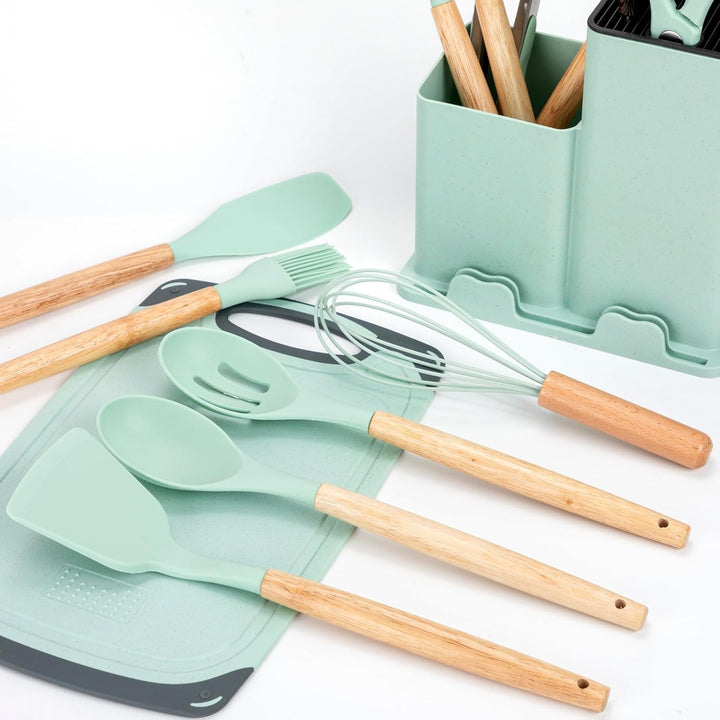 EliteHoff Küchenmesser-Set 19-teilig – Silikon-Küchenutensilien-Set mit Holzgriffen, 5 Messer, 12 Ko