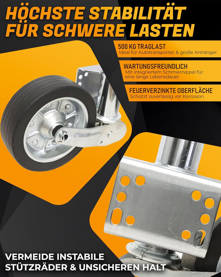 The Drive | Anhänger Stützrad 500KG | vollautomatik | mit Ergo-Griff | Vollgummirad Ø225x65 | Schwer