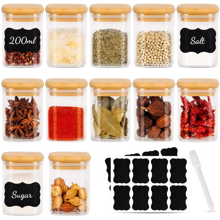 12er Set Gewürzgläser eckig 200 ml luftdicht mit Holzdeckel,Gewürzdosen Set Glas,Gewürzbehälter Spic