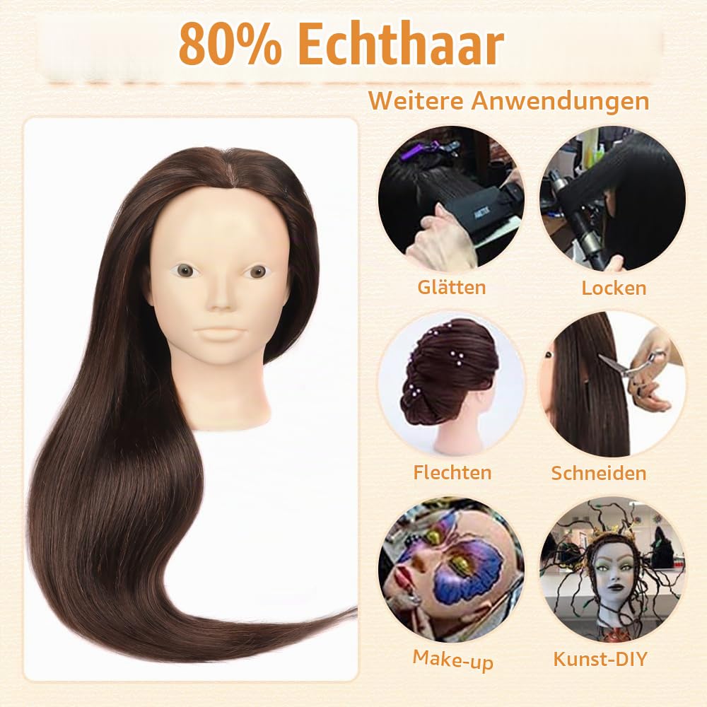 Frisierkopf Schminkkopf mit Puppenkopf Ständer, 80% Echtes Haar 26 Zoll Übungskopf zum Frisieren und