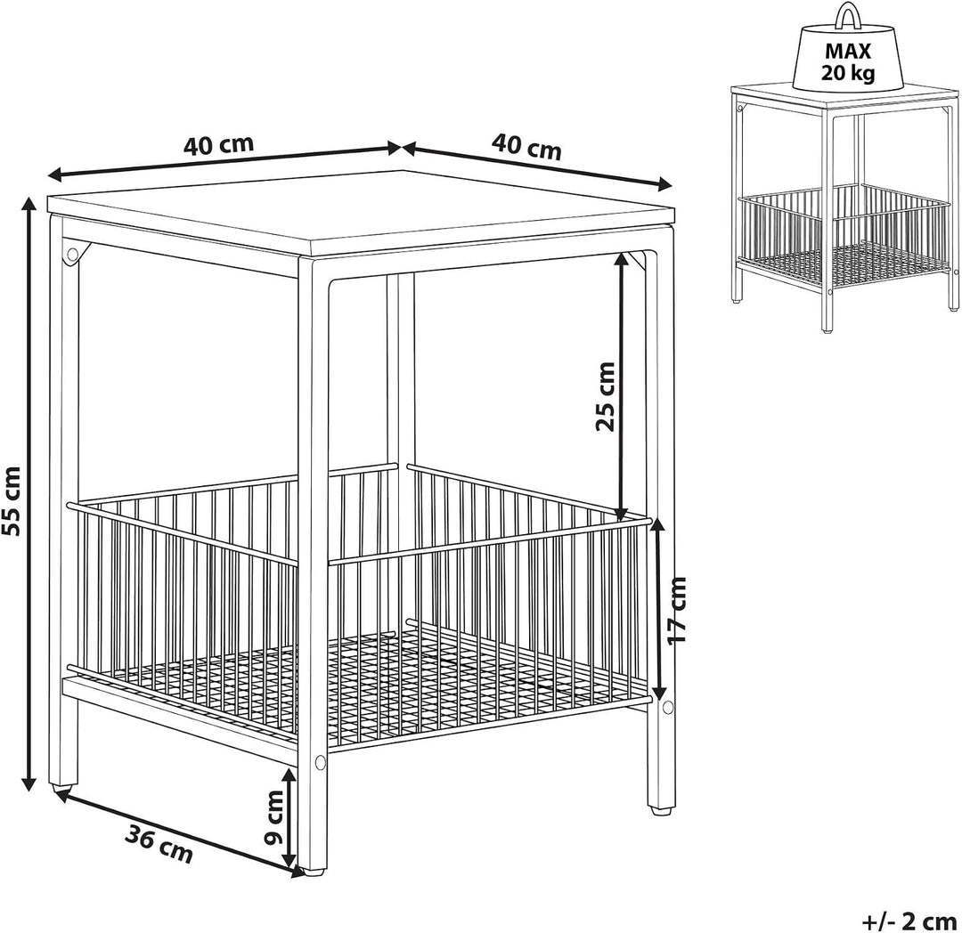 Beistelltisch dunkler Holzfarbton / schwarz Metallbeine mit Drahtkorb Bruni