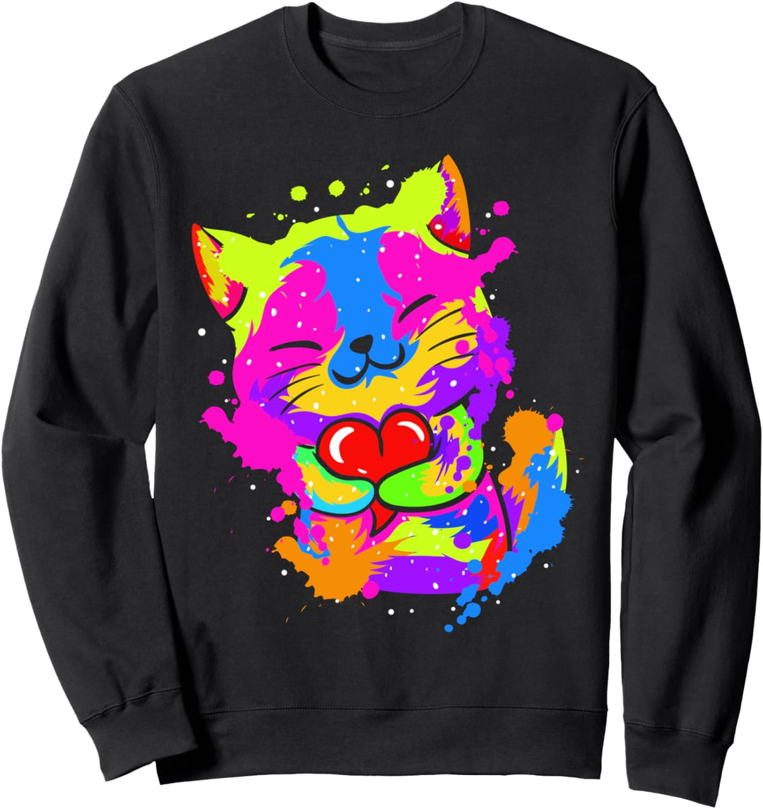 Colorful Cat Hugging Heart 1st Mothers Day Gifts Moms Girls Sweatshirt