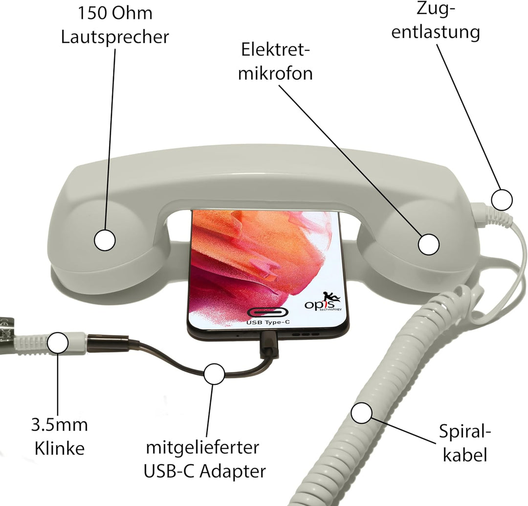 Opis 60s Micro - Retro Handyhörer für Android Smartphones, Tablets, Notebooks und Handys in der Form