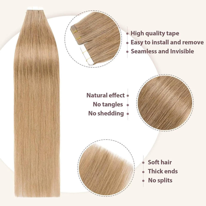 TESS Tape Extensions Echthaar #27 Honigblond 50 cm Echthaar Haarverlängerung 20 Stücke Glatt Remy Ta