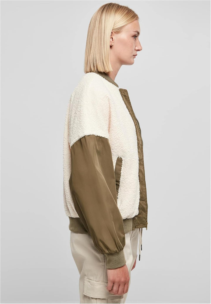 Urban Classics Damen Ladies Oversized Sherpa Mixed Bomber Jacket M whitesand/darkolive, M whitesand/