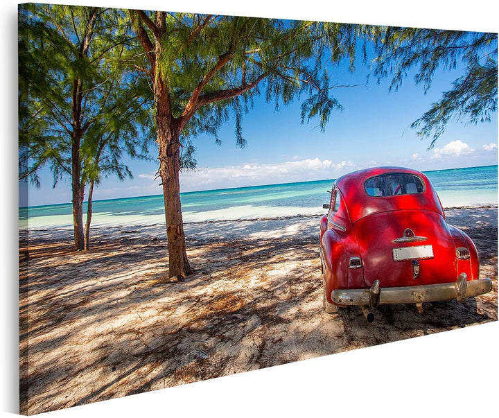 islandburner Bild auf Leinwand Oldtimer Rot Strand Kuba Bilder Wandbilder Poster Leinwand 100x57cm,