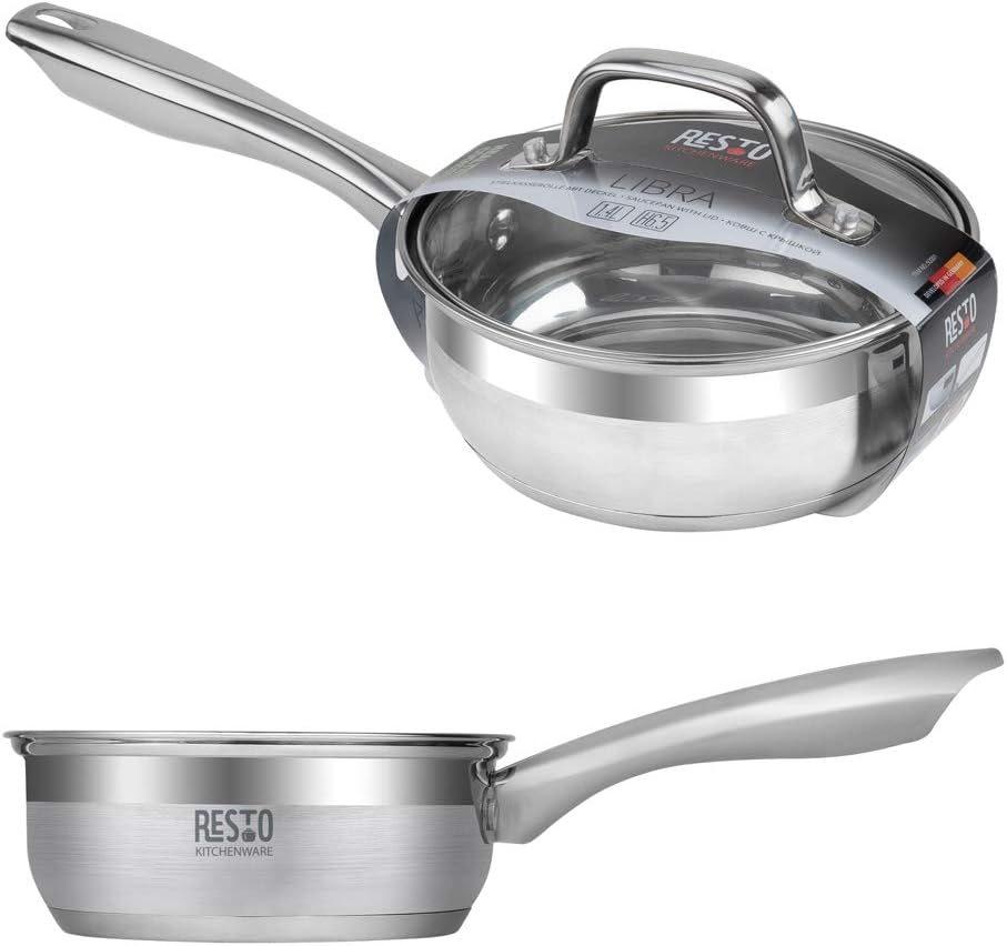 RESTO Kochtopf 1l, Bratentopf 16 cm– Saucepan Stielkasserolle aus Edelstahl mit hitzebeständigem Gla
