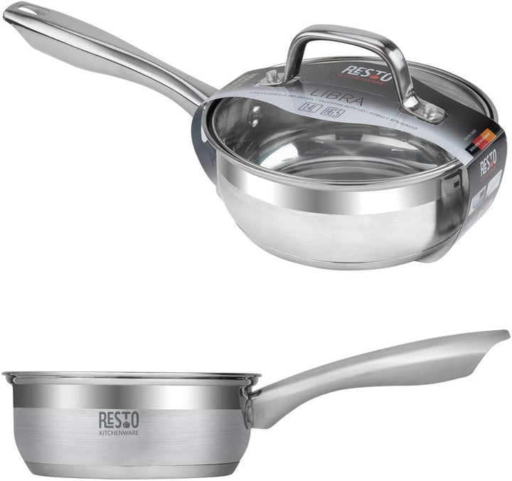 RESTO Kochtopf 1l, Bratentopf 16 cm– Saucepan Stielkasserolle aus Edelstahl mit hitzebeständigem Gla