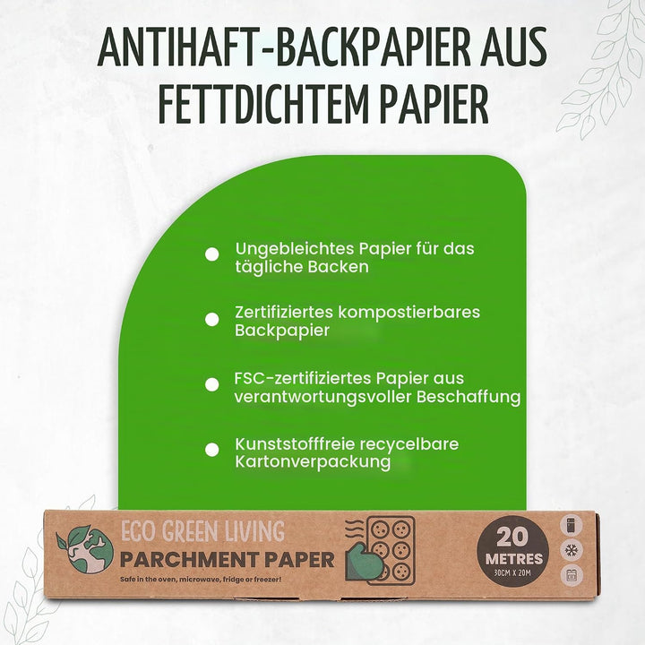 Eco Green Living Backpapier, 30 cm breit, braun. Ungebleichtes Backpapier, antihaftbeschichtet und f