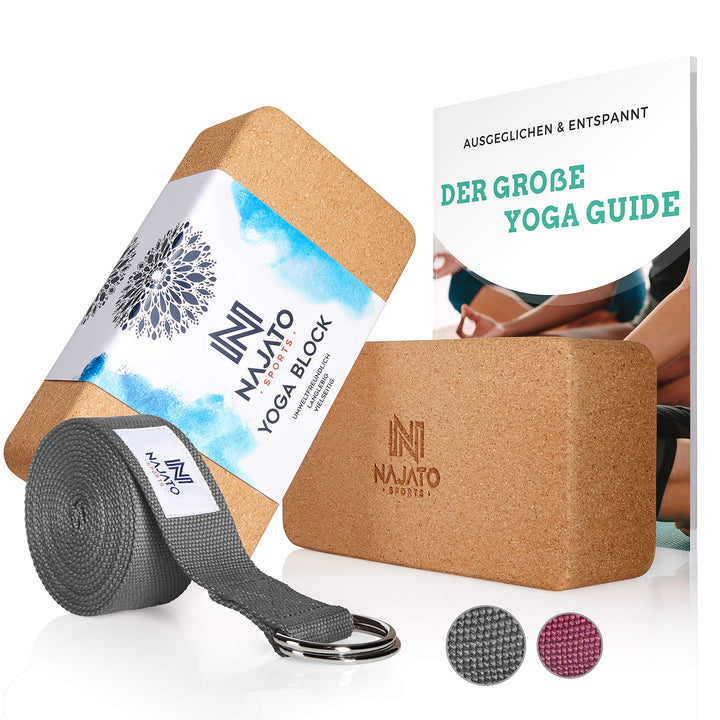 NAJATO Sports Yoga Block Kork 2er Set – Wahlweise mit Yoga Gurt – Yoga Klotz inkl. E-Book (PDF Datei