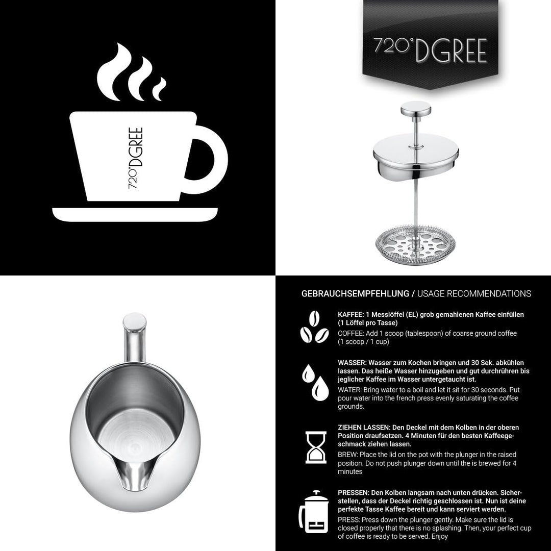 720°DGREE Edelstahl French Press “Sunrise“ - 0,25l bis 1Liter - BPA-Frei - Kaffeebereiter, Pressstem