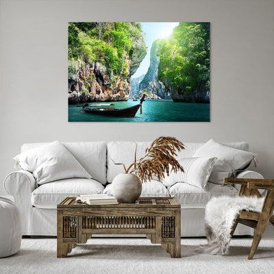 Bilder auf Leinwand 100x70cm Leinwandbild Boot Klippen Natur Felsen Gross Wanddeko Bild Schlafzimmer