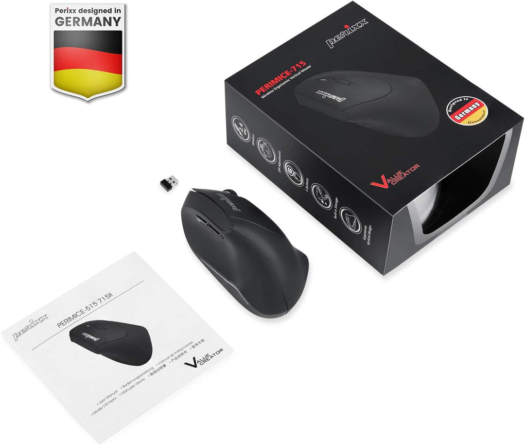 Perixx PERIMICE-715 II Ergonomische Vertikale Maus Kabellos 2,4 GHz ohne Kabel - Funk 2, 4 Ghz, ohne
