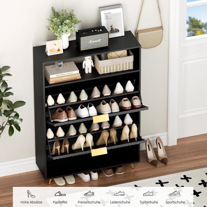 Urban Deco Schuhschrank Schwarz, 75 x 24 x 116 cm, Schuhkipper mit 2 Klappen, Schuhregal Schmal mit