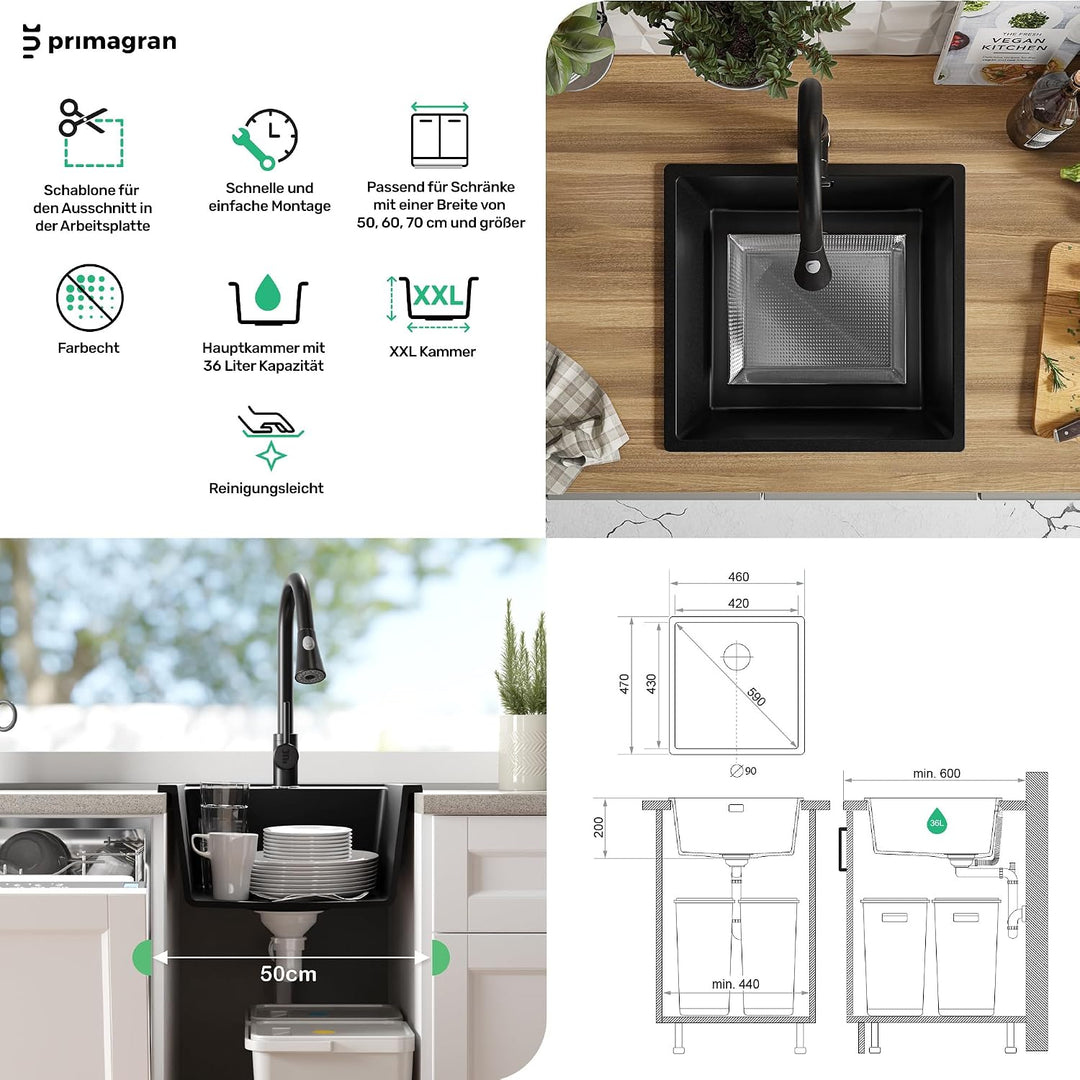 Spülbecken Weiss 46 x 47 cm, Granitspüle 1 Becken + Ablauf-Set, Einbauspüle ab 50er Unterschrank, Kü