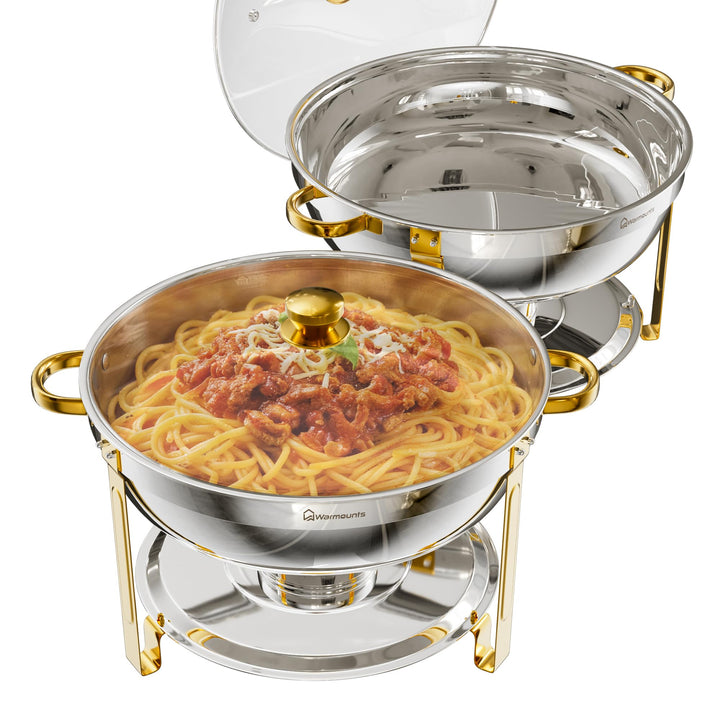 WARMOUNTS Chafing Dish 2er Set 7,5L Gold & Silber, Speisenwärmer Buffet Rund Edelstahl mit Glasdecke