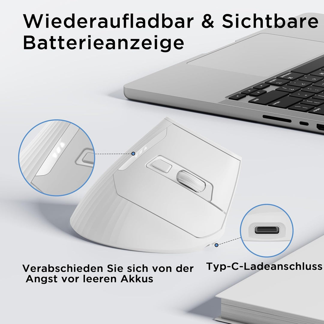 Uineer Kabellose vertikale Maus, Multi-Device Tri-Mode Maus, sichtbare Leistungsstufe (2.4G+BT4.0/BT