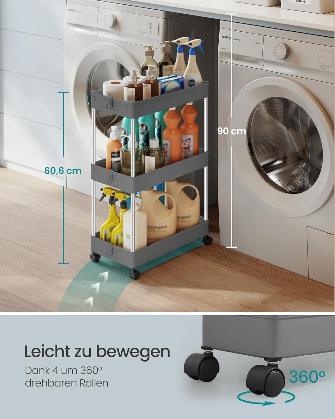 SONGMICS Rollwagen, Küchenwagen, Küchenregal, Nischenregal, mit 6 Haken, 360° drehbare Räder, Stahlg