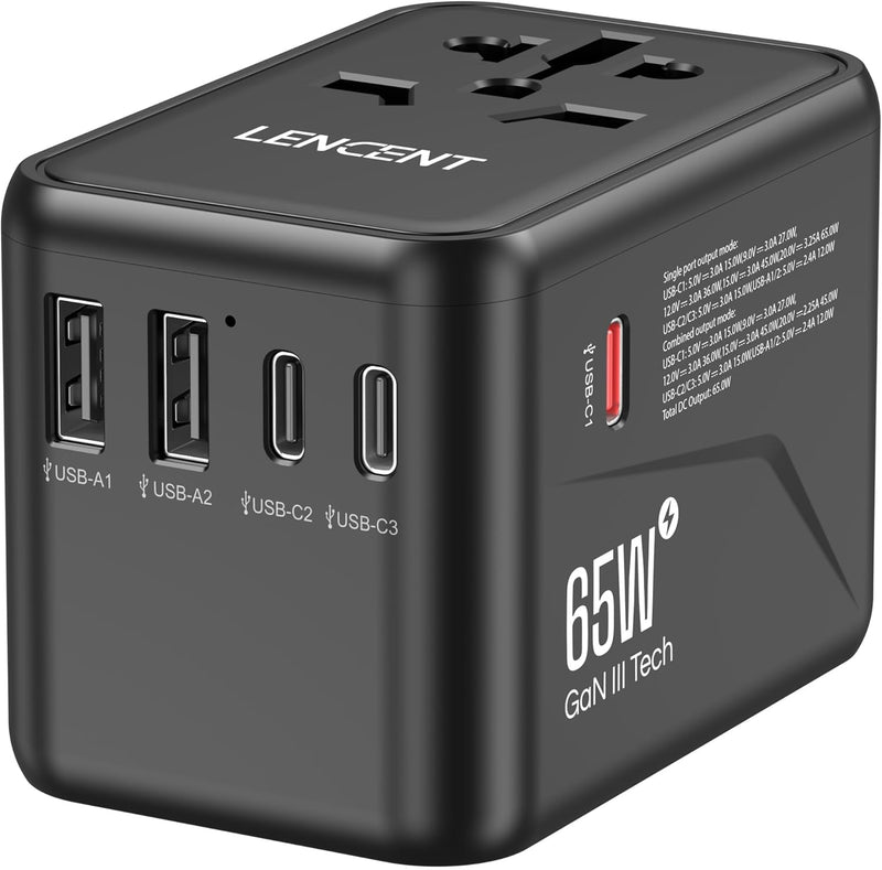 LENCENT Universeller Reiseadapter, GaN III 65W Internationales Ladegerät mit 2 USB-A&3 Typ-C PD Schn