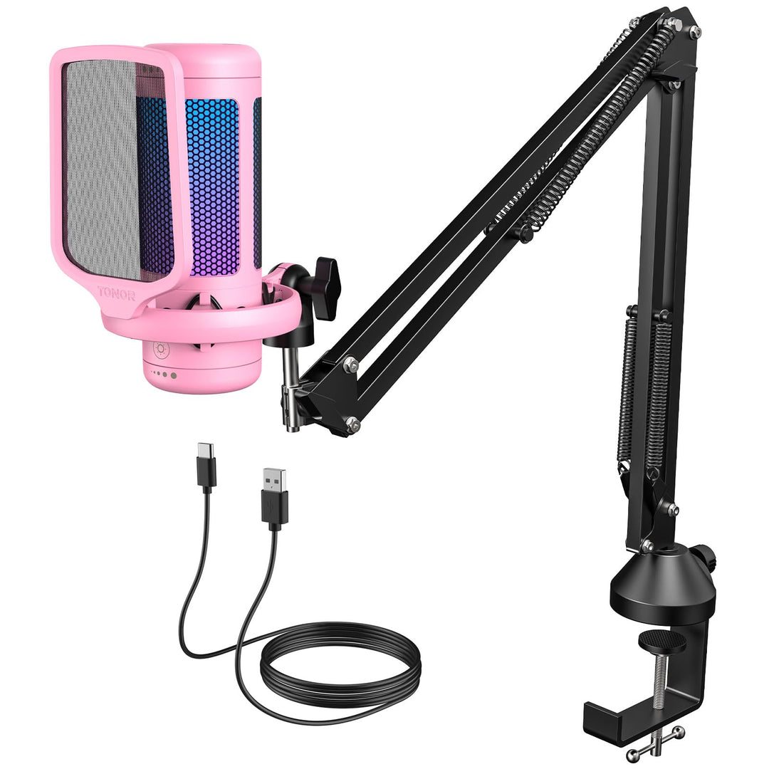 TONOR RGB Gaming Mikrofon PC Set Heilligkeit Verstellbar, USB Microphone mit Mikrofonarm für Compute