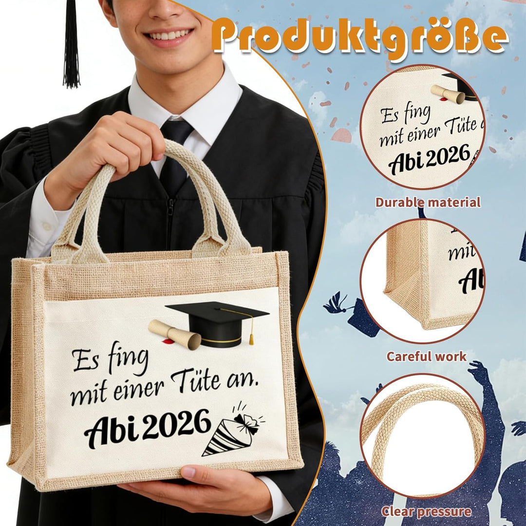 Abitur Geschenke 2026 Set: Jutebeutel & Glücksbringer – Abi 2026 Deko für Mädchen – Nachhaltige Jute