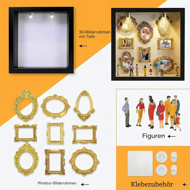 DIY Mini Museum Bilderrahmen Set mit LED Licht, Silhouettenbox mit 8 Mini Goldrahmen & Figuren, Krea