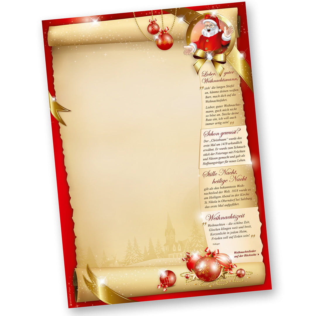 Weihnachtsbriefpapier SANTA CLAUS beidseitig (100 Blatt) Briefpapier mit Weihnachtsliedern auf der R