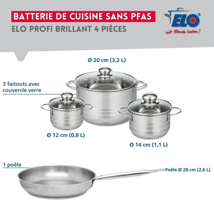 ELO 9870650 Kochgeschirr-Set, 4-teilig, 1 Bratpfanne 28 cm und 3 Kochtöpfe 12, 14 und 20 cm Elo Prof