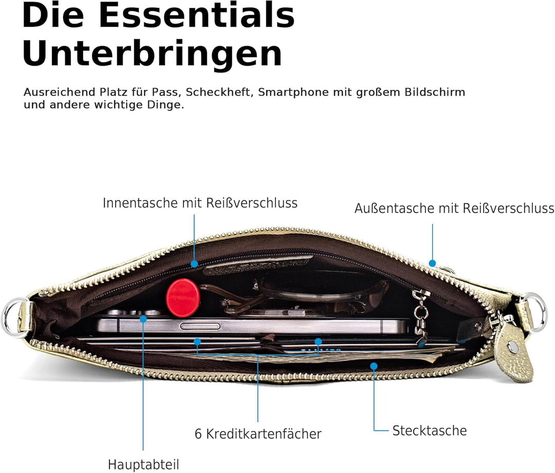 befen Damen Umhängetasche Gold, Echtleder Handtasche Damen Klein mit Handgelenkschlaufe Damen Portem