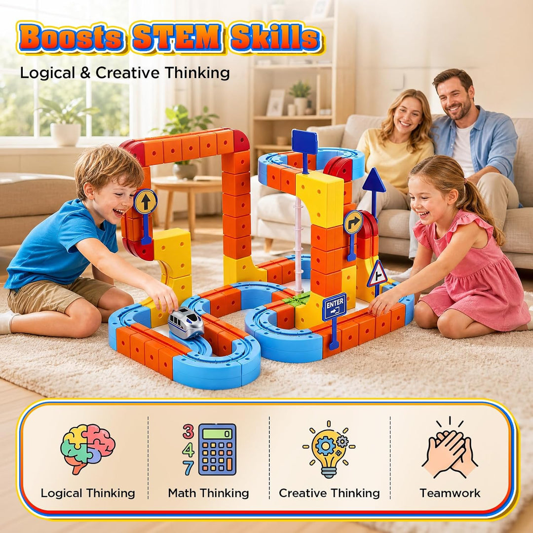 147PCS Eisenbahn Kinder Elektrisch, Cube Track Block mit Schwerkraft Defying 3D-Layouts, 2 Züge &amp; Fe