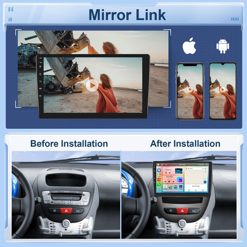 【8 Kern 4+64G】 Hodozzy Carplay Autoradio für Toyota Aygo/Peugeot 107/Citroen C1 2005-2014, 10.1 Zoll